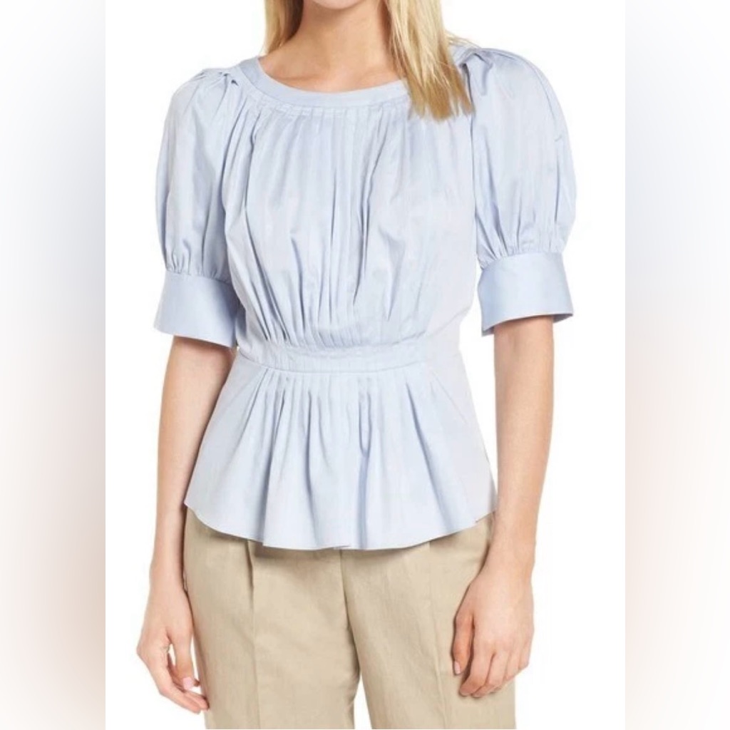 Lewit White Pleated Puff-Sleeve Cotton Peplum Blouse, Xl